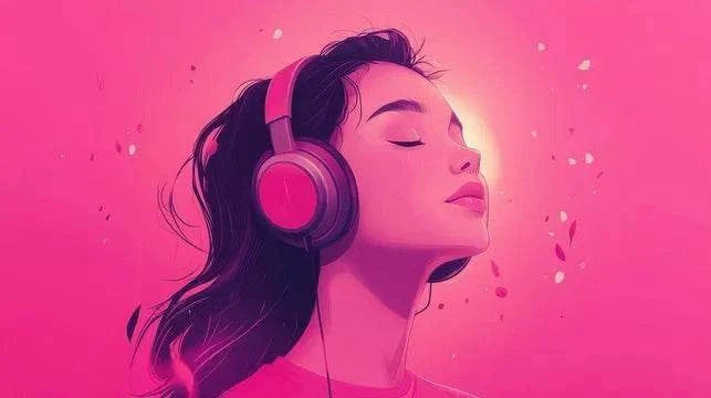 Relaxing illustration of a woman with headphones enjoying 20 Minutes of Anxiety relief meditation